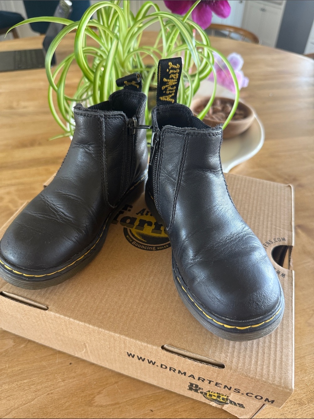 Dr. Martens Black Leather Ankle Zip Boots with Yellow Stitching